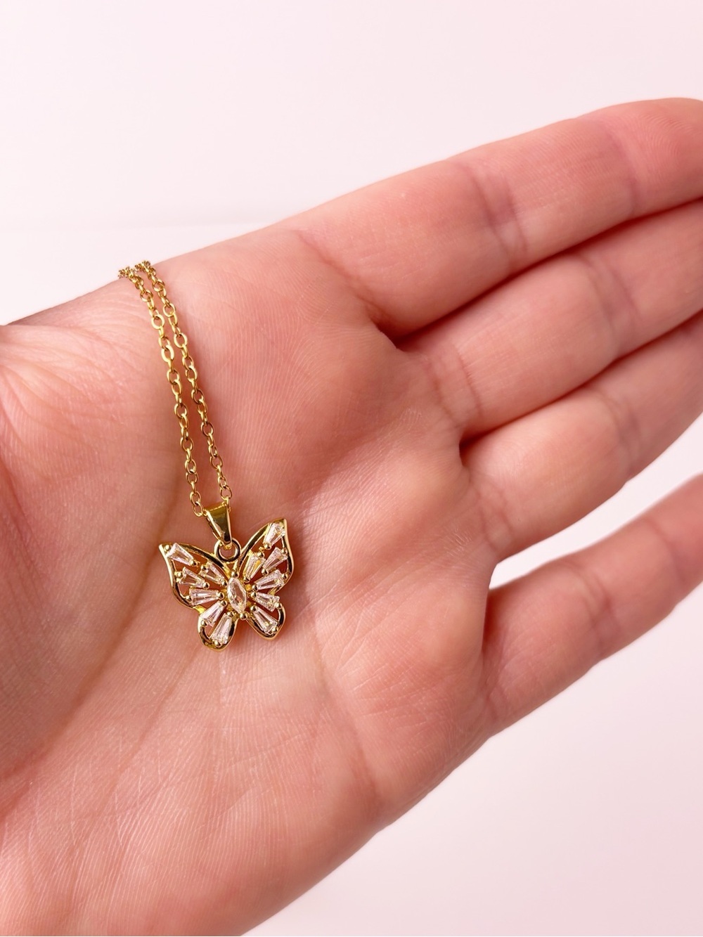 Gold Butterfly Necklace Stainless Steel | Cubic Zirconia Diamonds - Picture 3 of 8